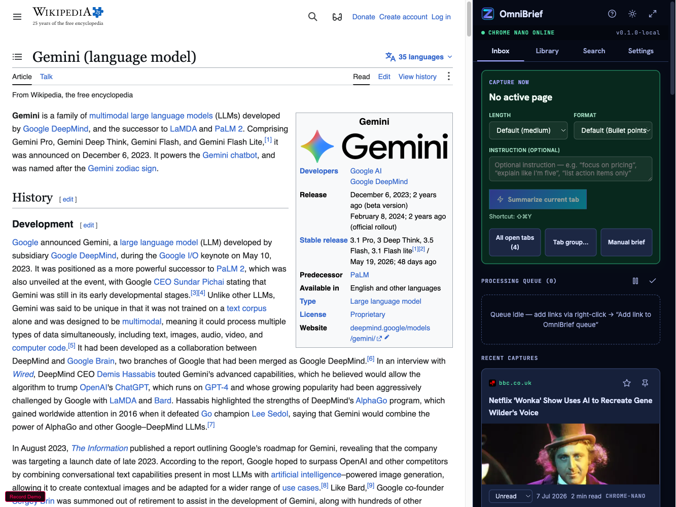 OmniBrief Chrome extension split view showing a page and its generated brief