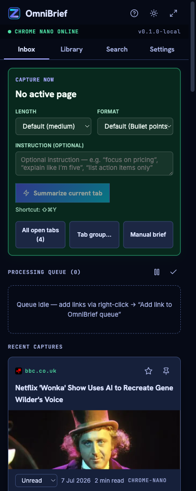 OmniBrief inbox queue with saved links