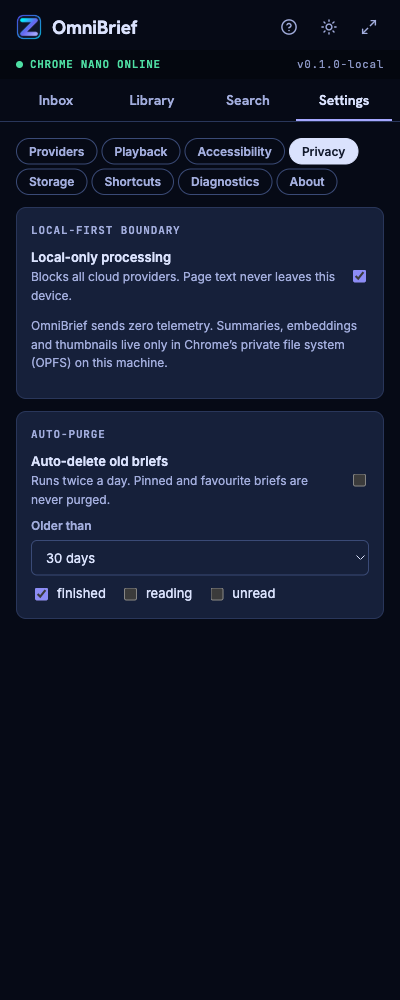 OmniBrief privacy configuration panel
